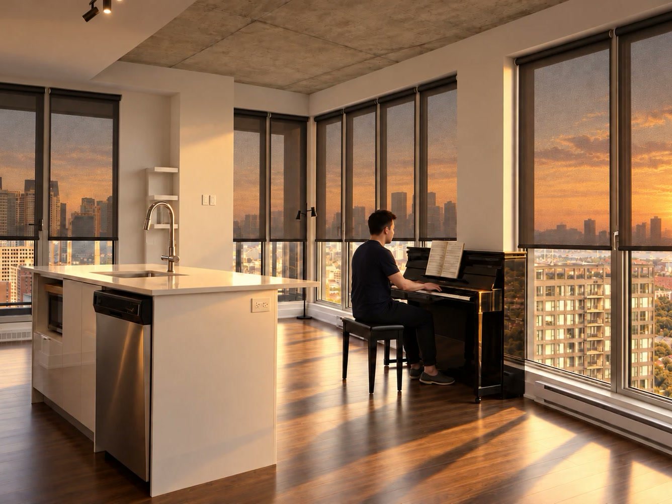 L’appartement terminé à l’heure dorée, les toiles descendues sur chaque fenêtre, quelqu’un au piano.