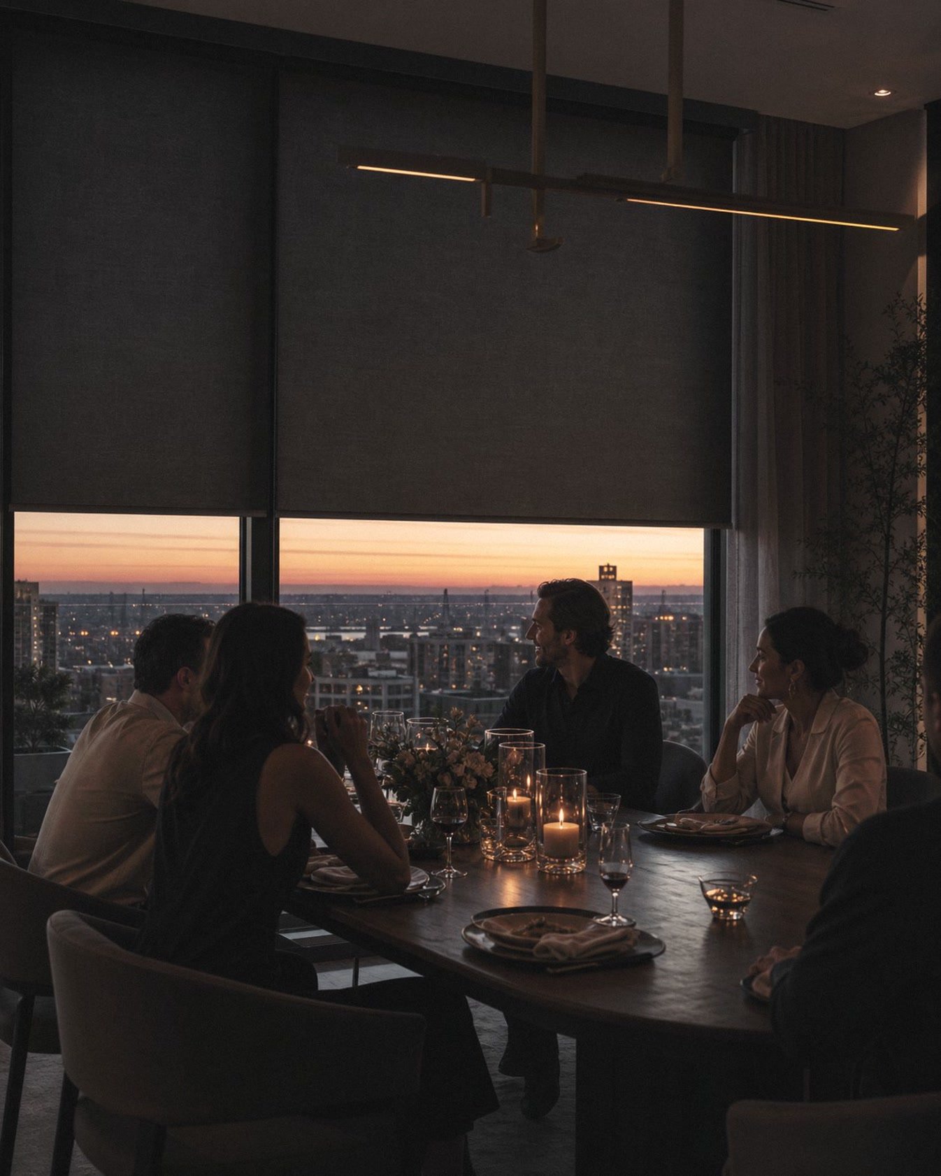 Une table à manger au coucher du soleil, les voilages tirés devant le vitrage.