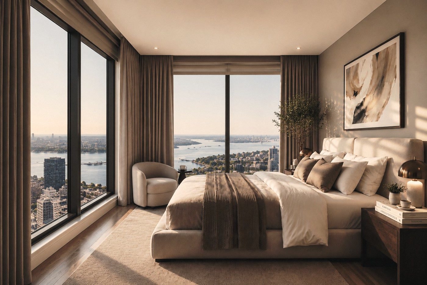 Une chambre avec vitrage d’angle donnant sur la ville et le fleuve.