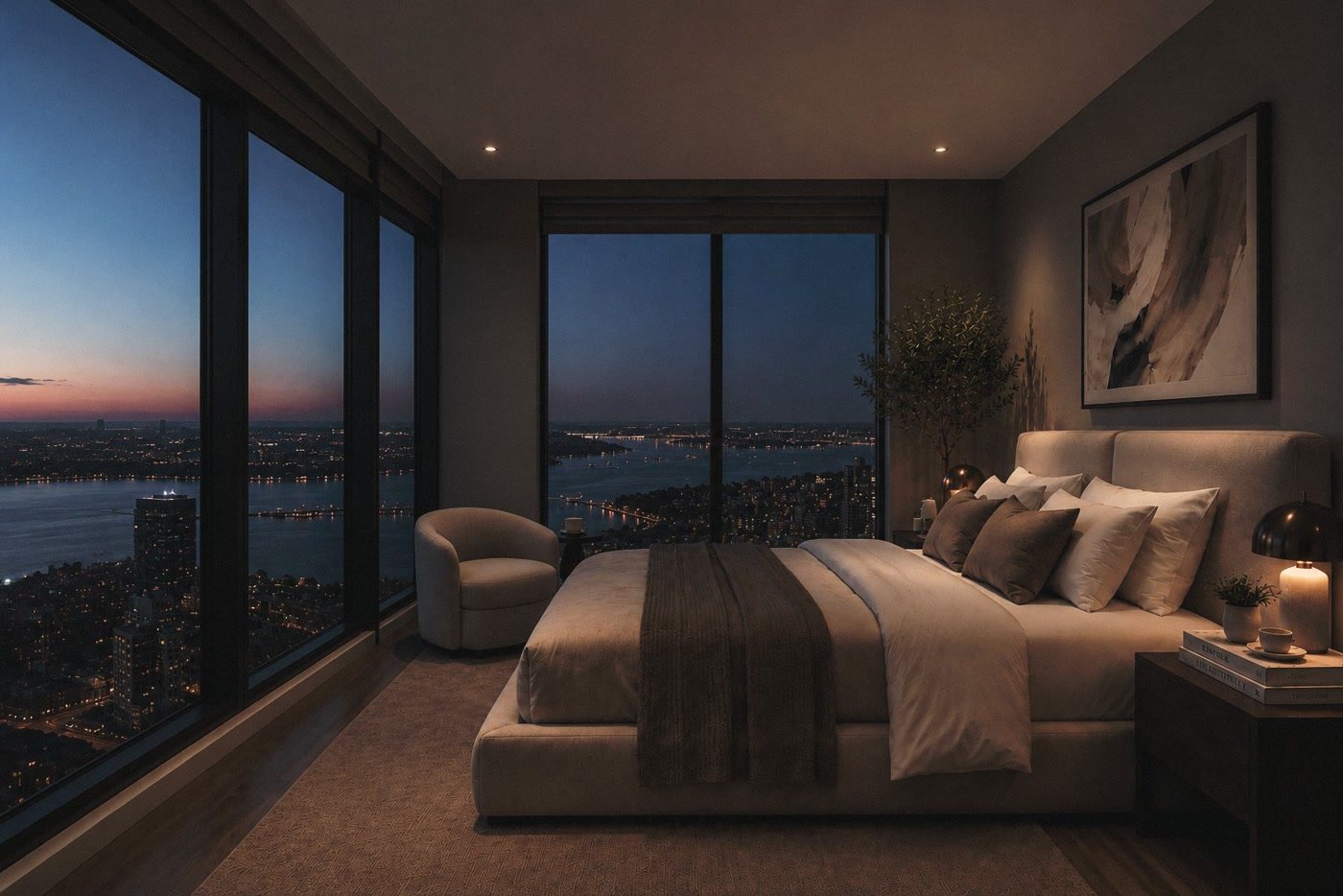 Une chambre au crépuscule, la ville et l’eau visibles par les fenêtres d’angle.