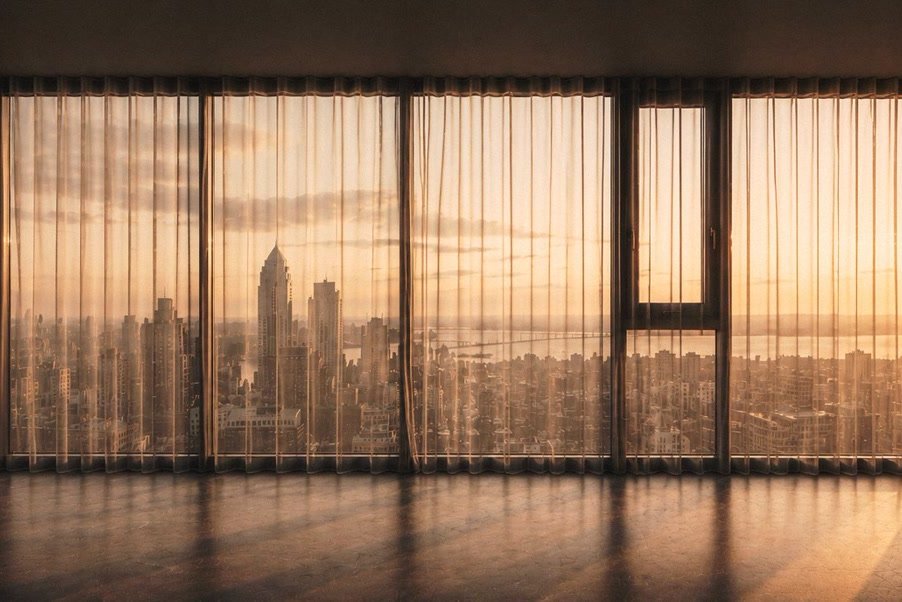 Un salon au coucher du soleil, des voilages sur tout un mur de fenêtres.